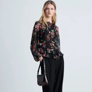 Mango Black Floral Sheer Blouse Oversized Sleeves Tiered Ruffle Hem - Size 2